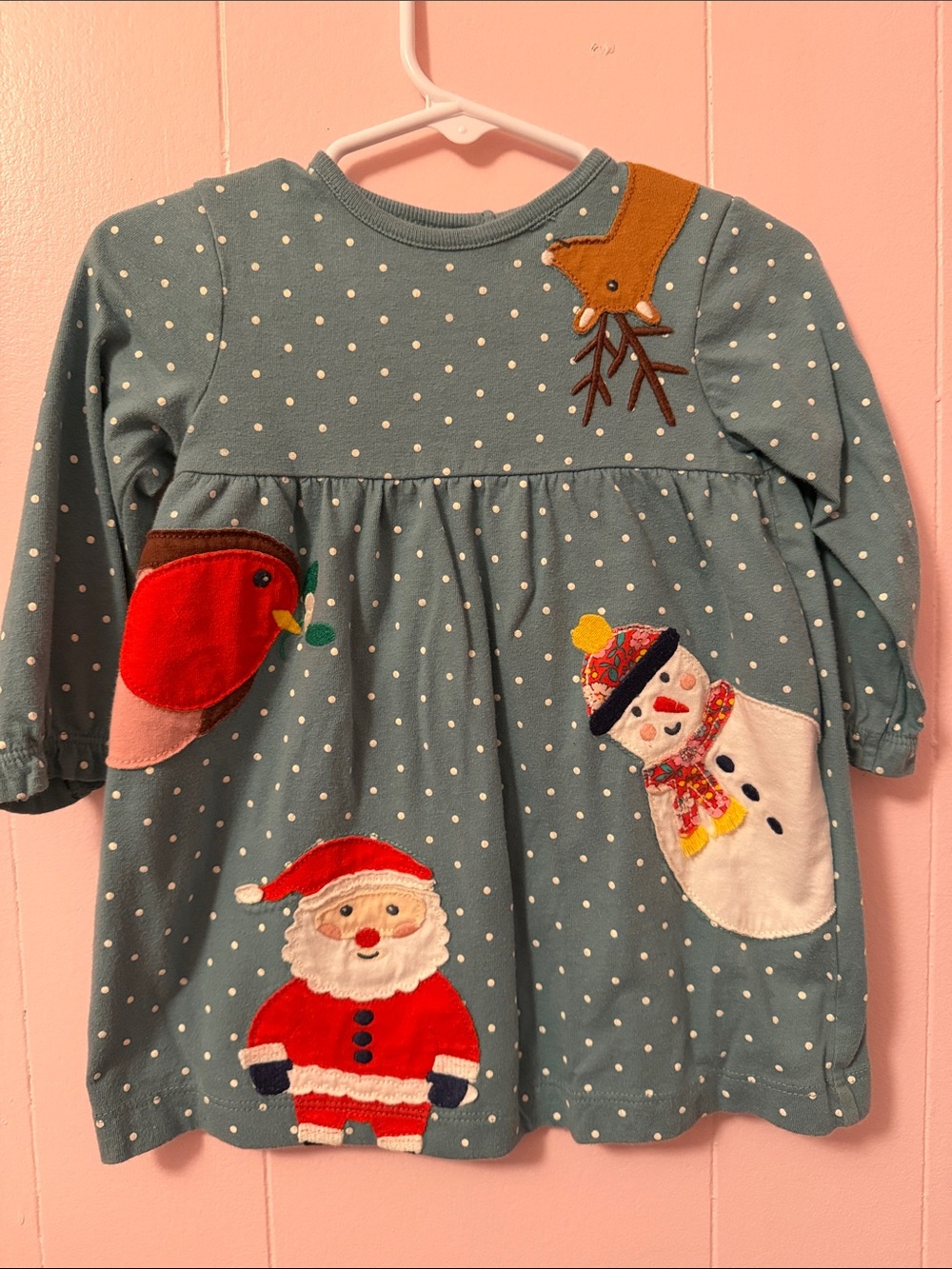 Baby Boden Polka Dot Holiday Dress with Santa & Snowman Appliqués